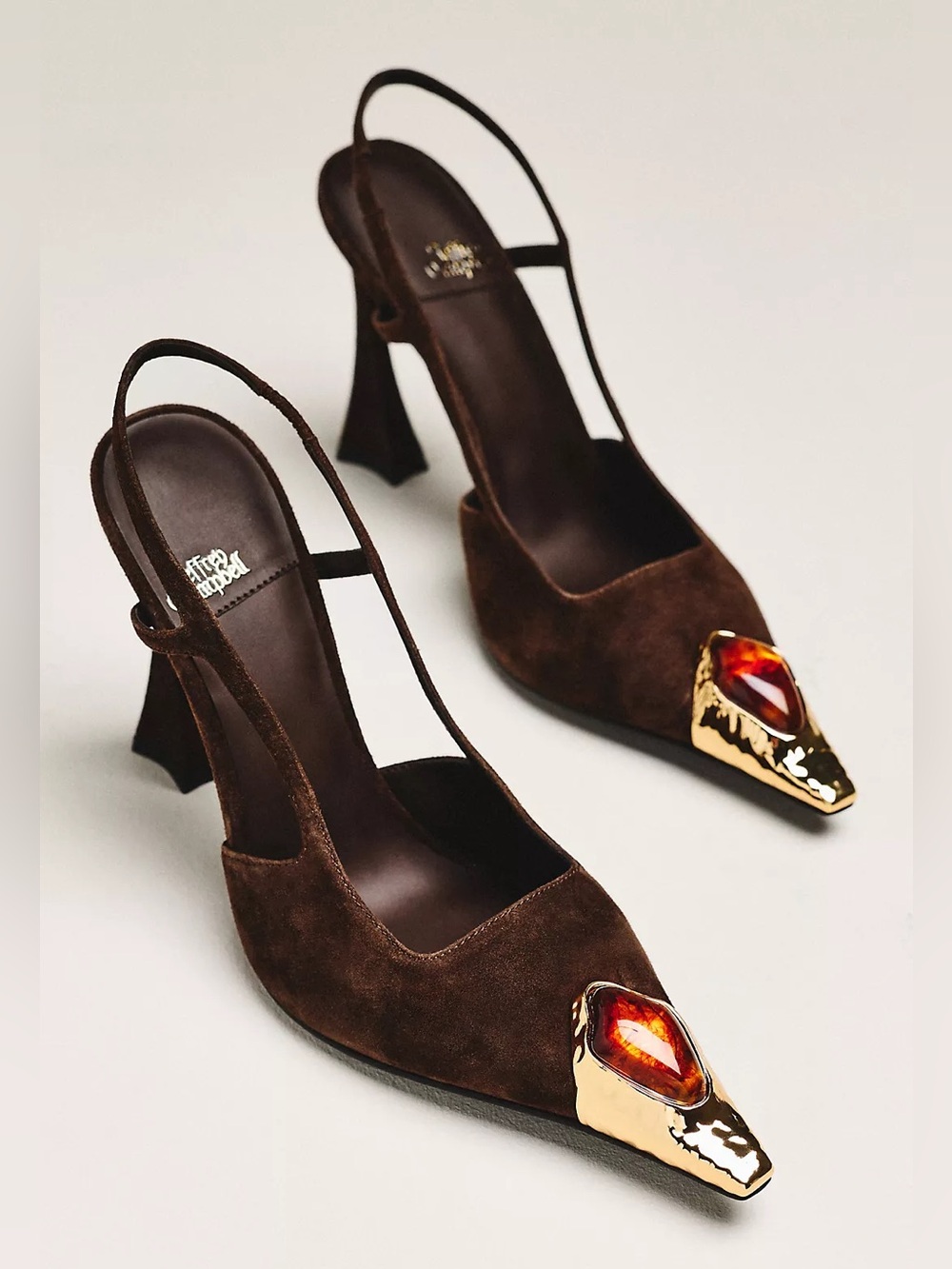 Jeffrey Campbell Brown Suede Jewel Toe Slingback Heels Sculptural Pumps